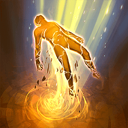 A pillar of golden light is lifting a figure upwards. The figure is reclining as if unconscious and is covered in cracks that appear like broken stone. 