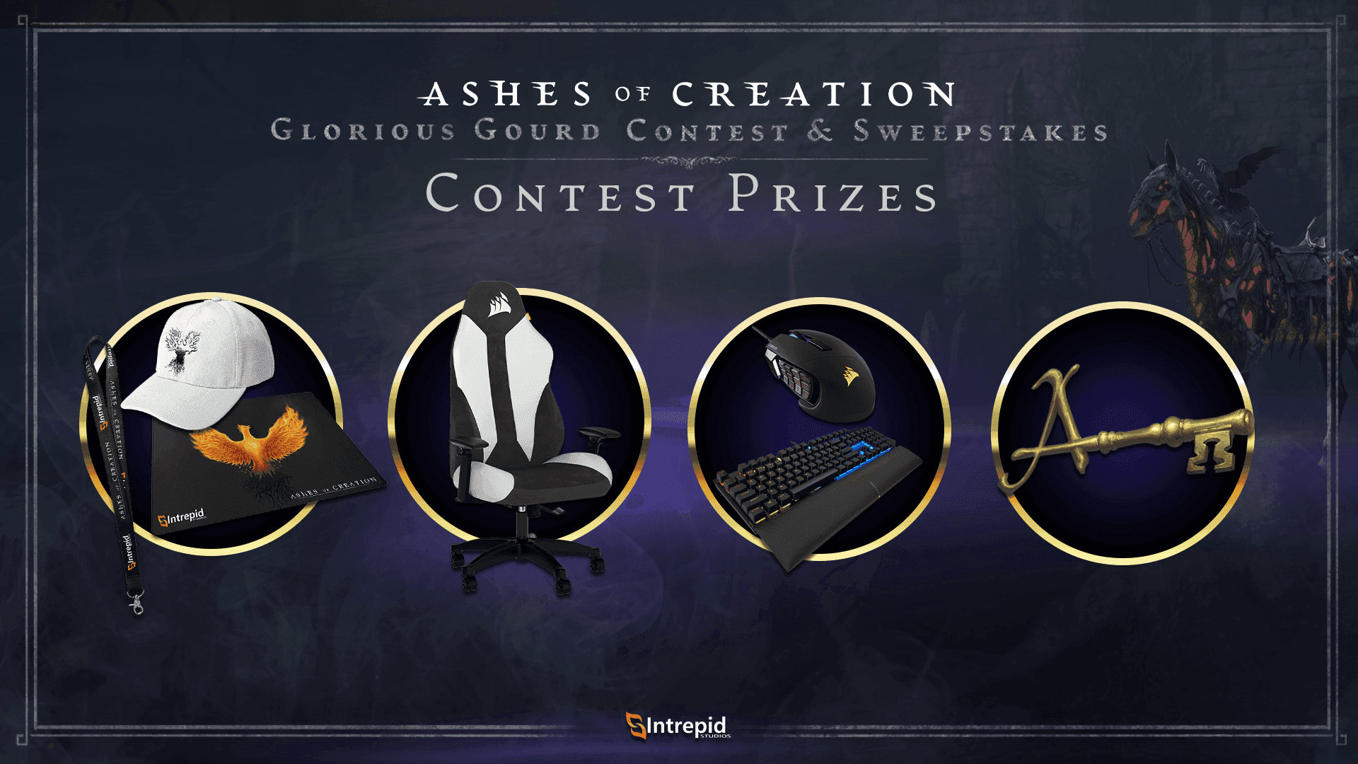 Four circles with images of what the prizes for the competition are. Prizes include ashes merchandise, a gamer chair, gamer mouse and keypad, and alpha key access.