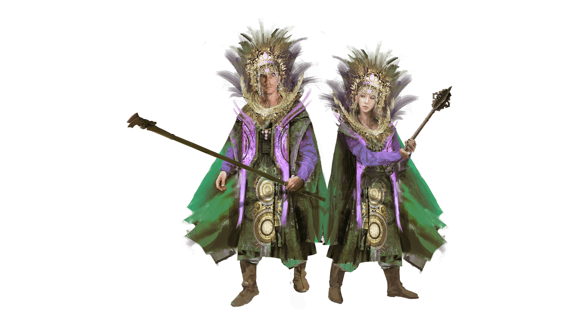 A male and female stand dressed in green robes with purple trim. Each wears a extravagant headpiece made of solid gold.