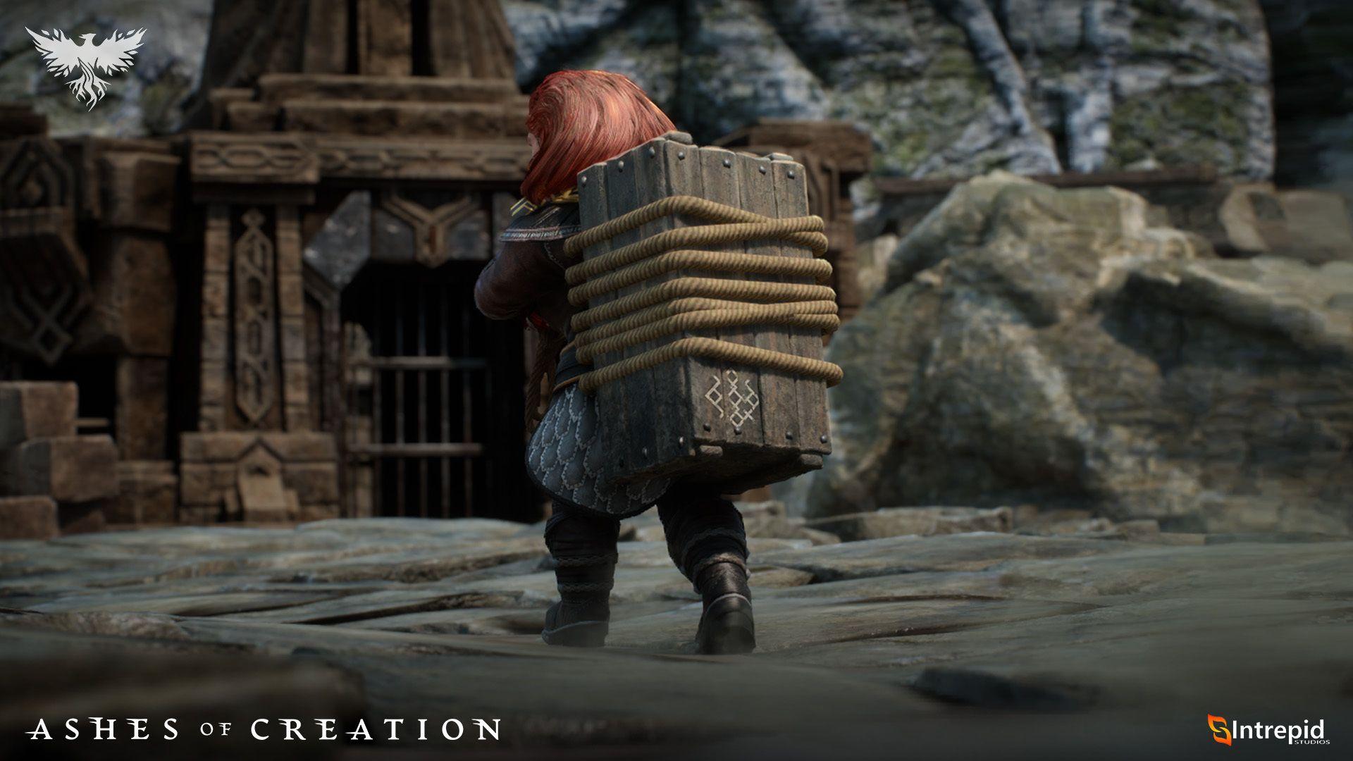 A dwarf carrying a cargo crate on their back.