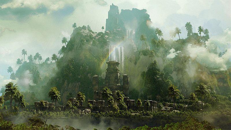 A keep located within a misty jungle.