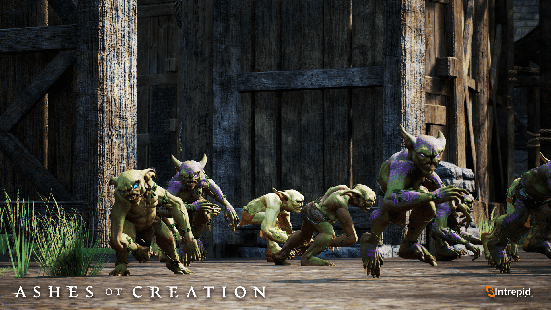 A group of goblins burst threw an open gate, ready to attack.