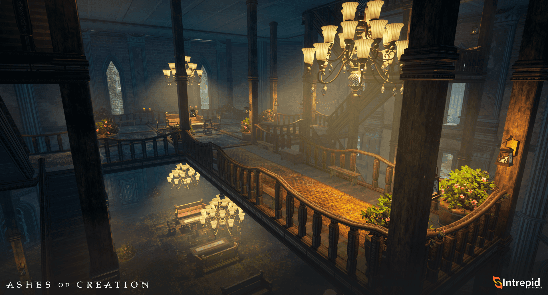 A second story view of a hallways with chandeliers and wooden banisters.