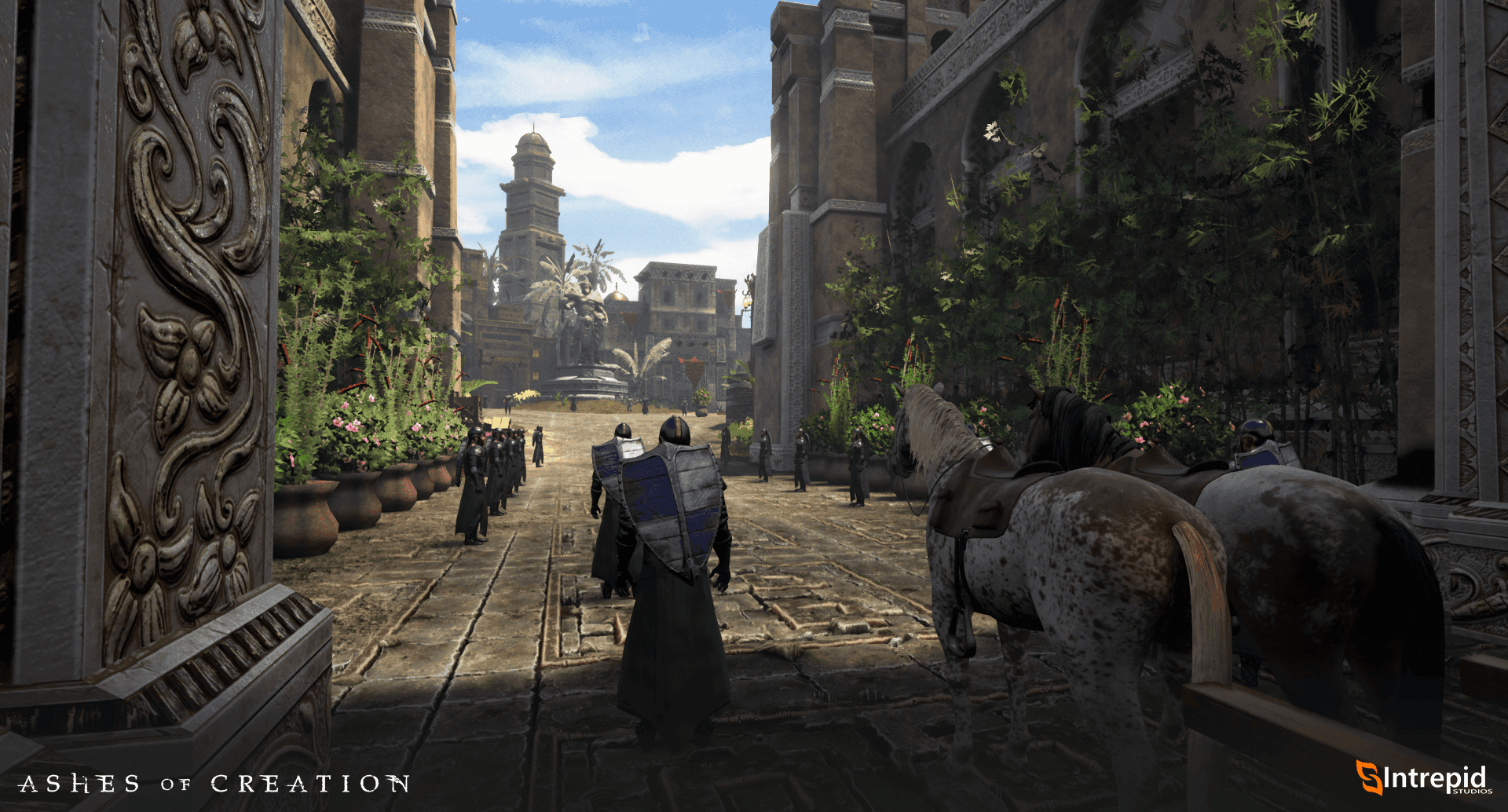 View of two adventurers with shields on their backs entering a city through massive stone gates.