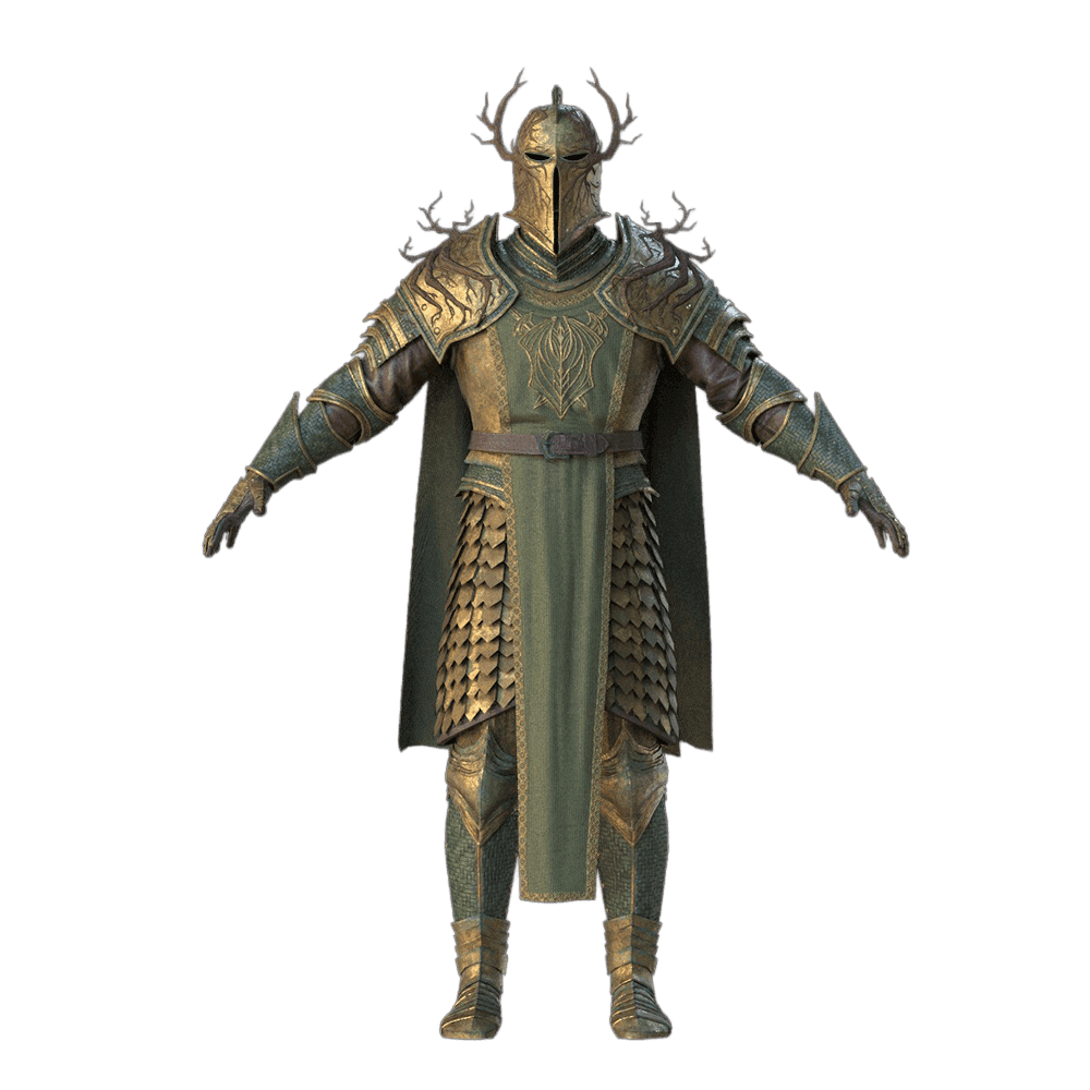 An ornate metal armor with spikey thorns on the head piece and shoulders. 