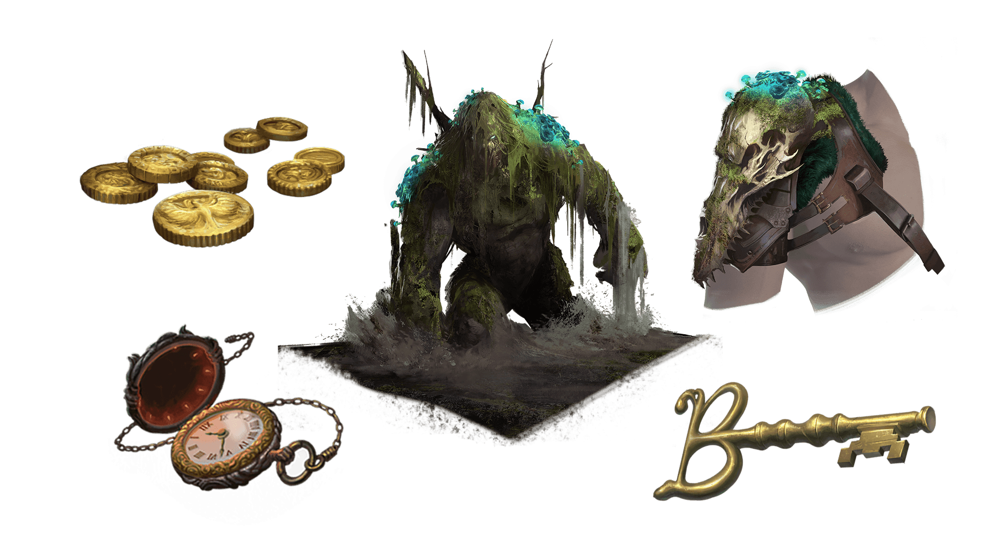 5 images of items included in the expeditionary pre-order package. A pocket watch for game time, a coin for embers, a key for game access, the accessory, and pet  