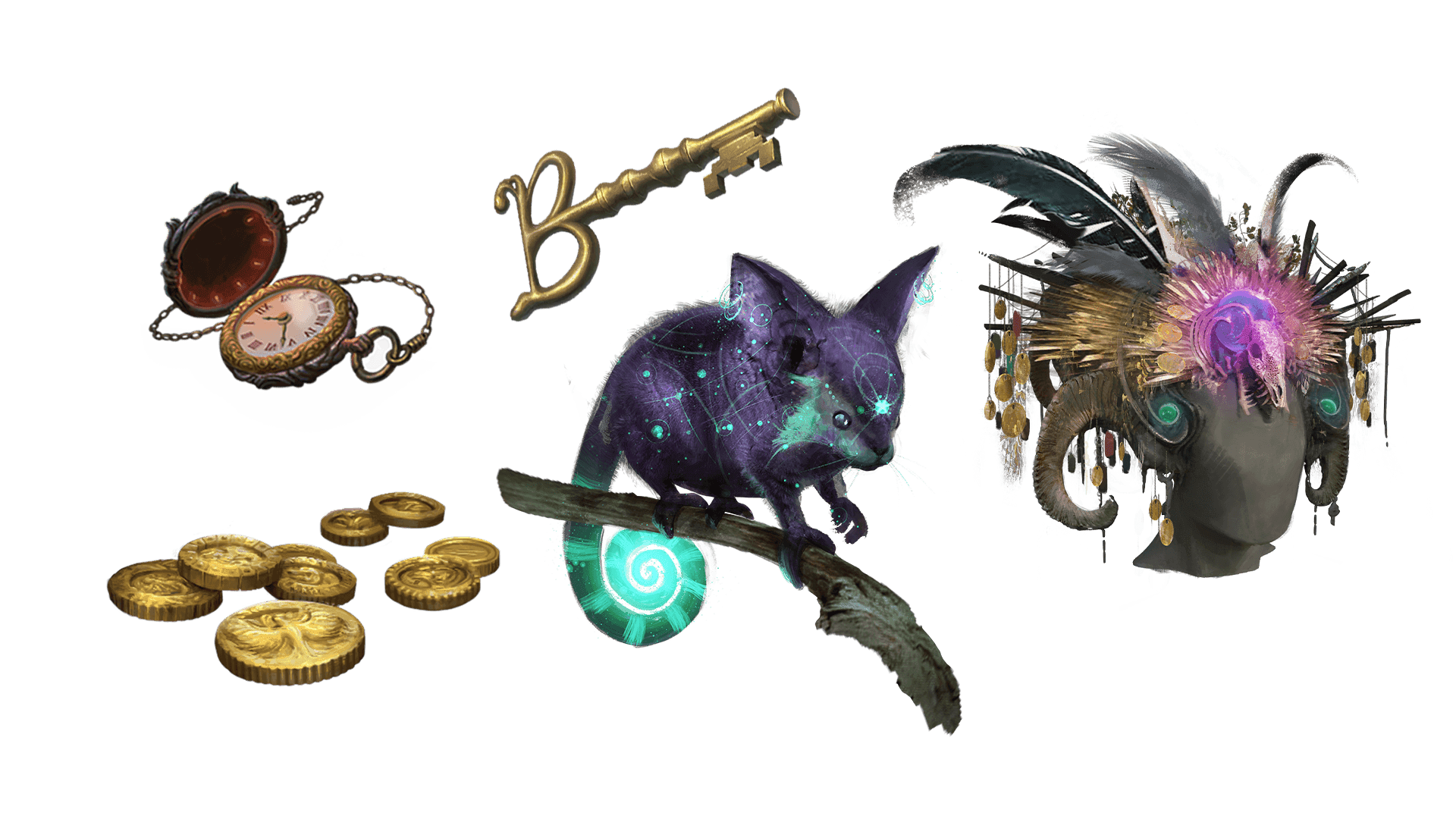 5 images of items included in the expeditionary pre-order package. A pocket watch for game time, a coin for embers, a key for game access, the accessory, and pet  