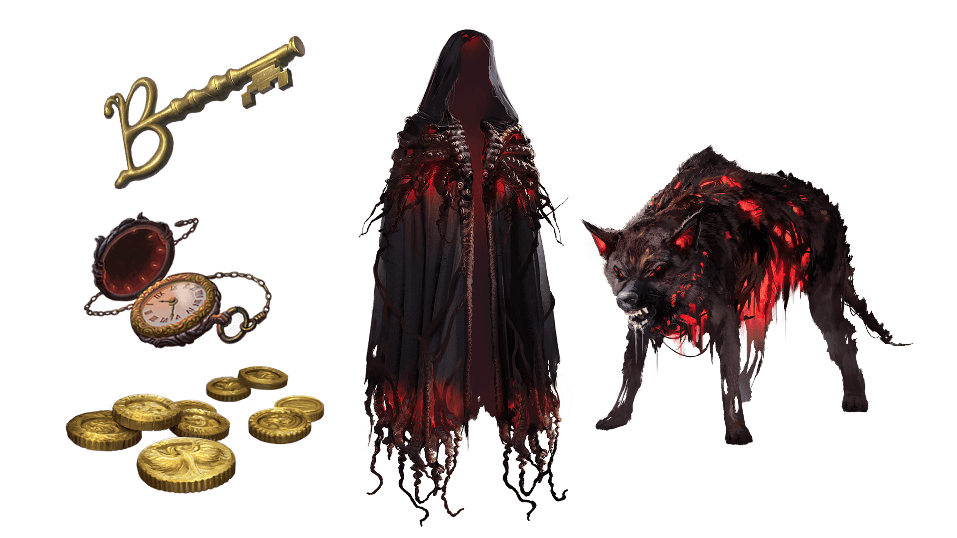5 images of items included in the expeditionary pre-order package. A pocket watch for game time, a coin for embers, a key for game access, the accessory, and pet  