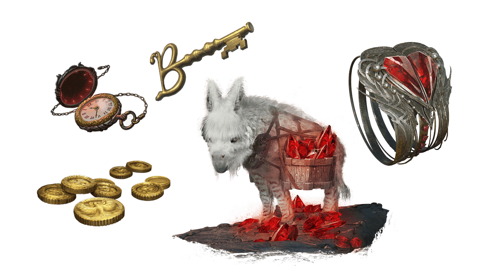 5 images of items included in the expeditionary pre-order package. A pocket watch for game time, a coin for embers, a key for game access, the accessory, and pet  