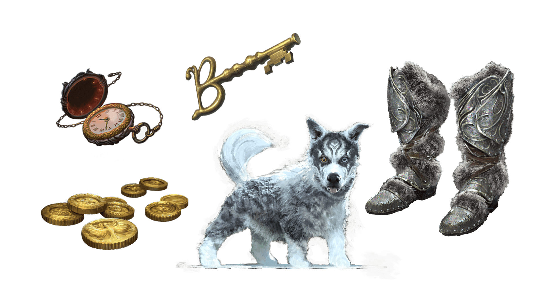5 images of items included in the expeditionary pre-order package. A pocket watch for game time, a coin for embers, a key for game access, the accessory, and pet  