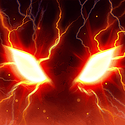 Disembodied white glowing menacing eyes on a dark red and black background. Faint yellow electricity crackles and expands out from the eyes