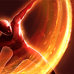 A dark red silhouette figure swinging a blade with their left hand. The blade trail is a bright glowing yellow and red
