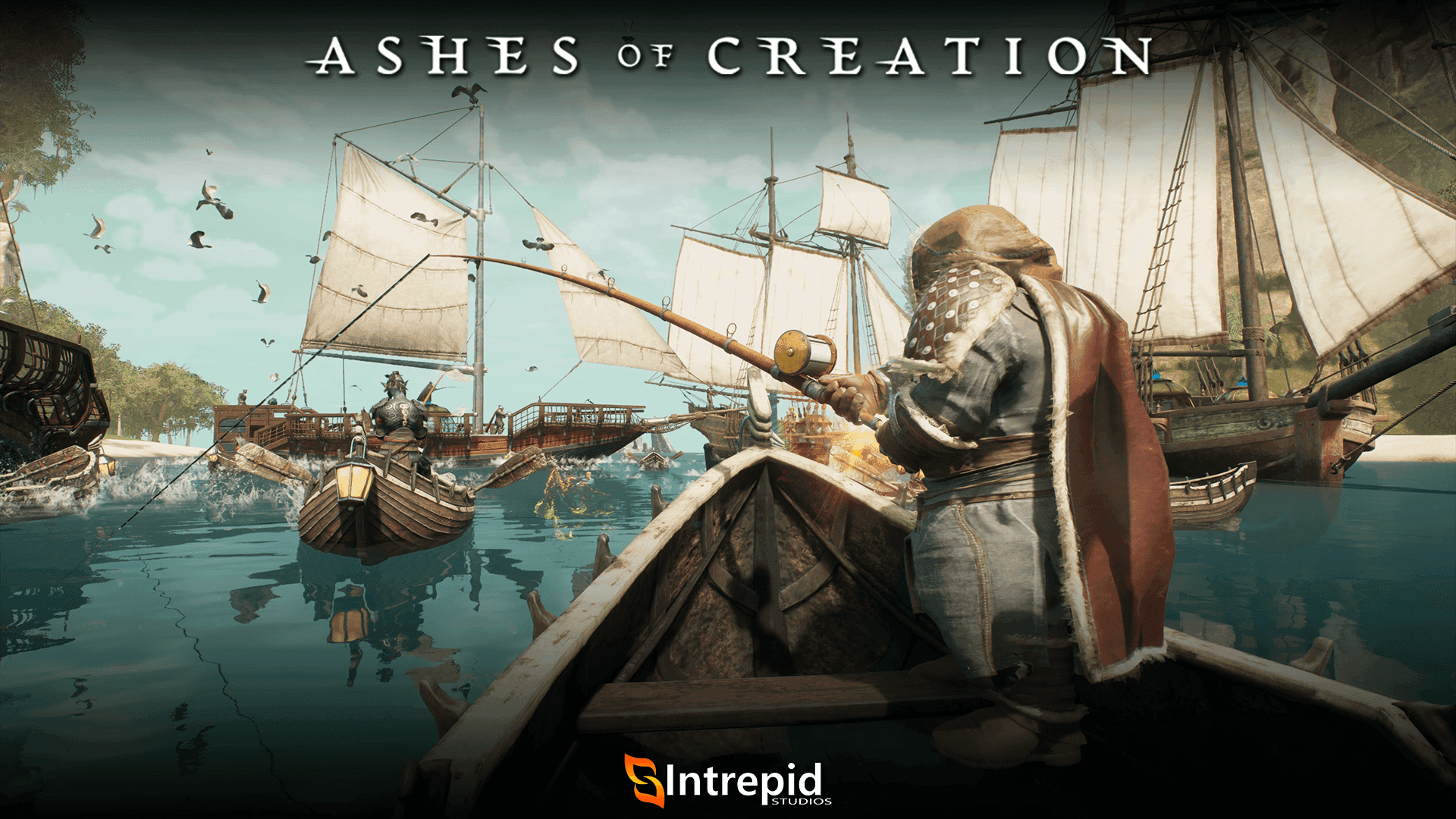 A dwarf fishing with a bunch of boats in the background.