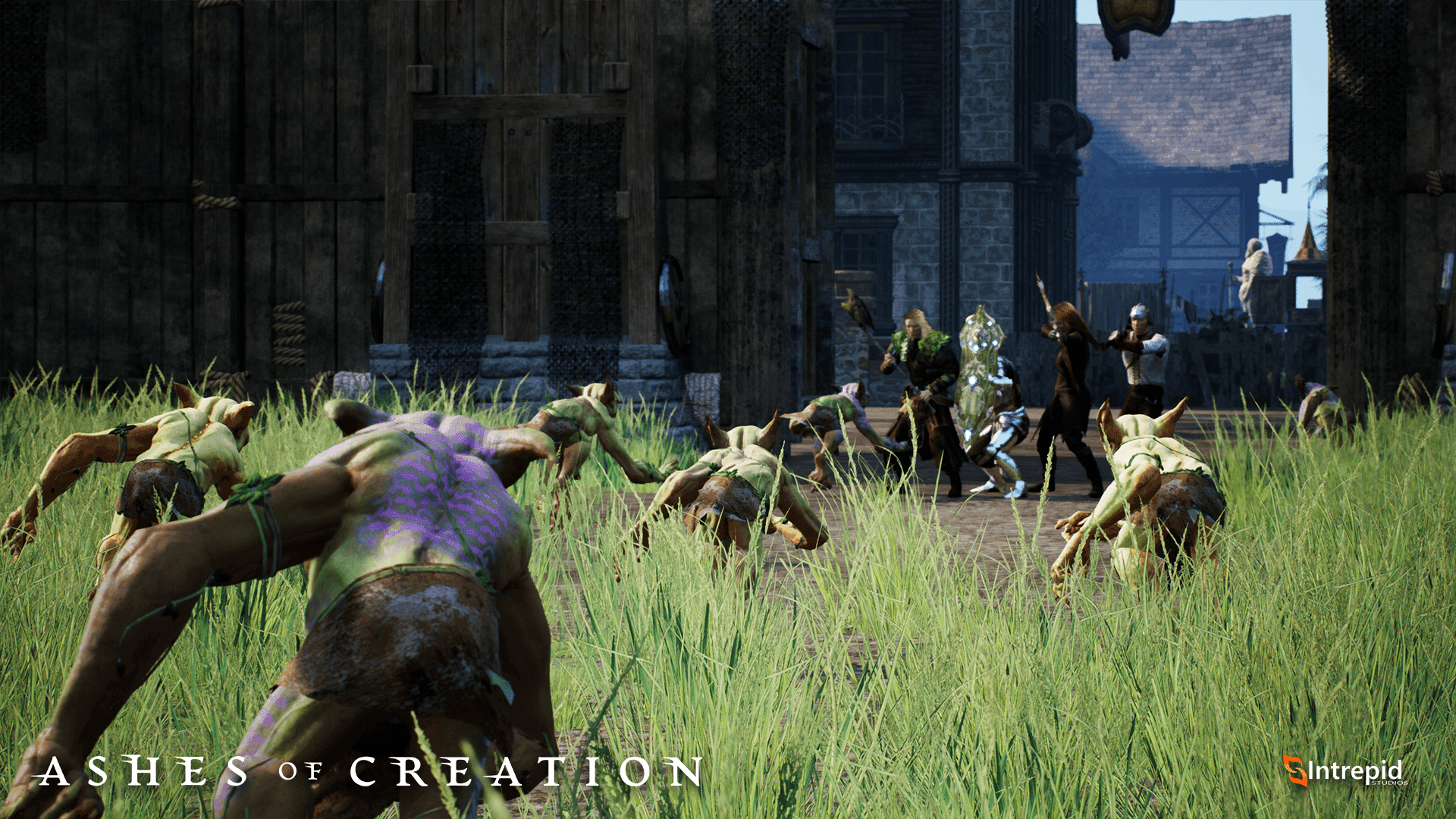 A group of goblins rush a group of three adventurers guarding the open gates to a village.