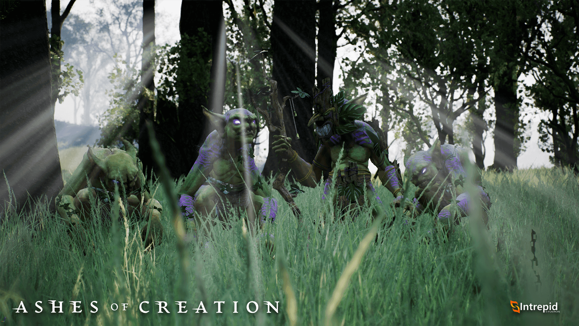 A group of goblins stand together in a grassy field with trees in the back and god rays shining threw them.