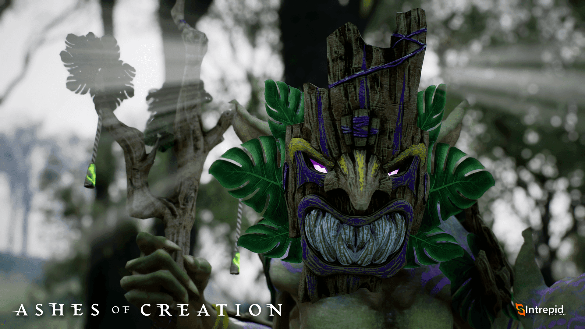 A goblin wears a wooden mask carved to show a moth full of teeth and a giant nose. The creatures purple eyes shine behind the mask. 