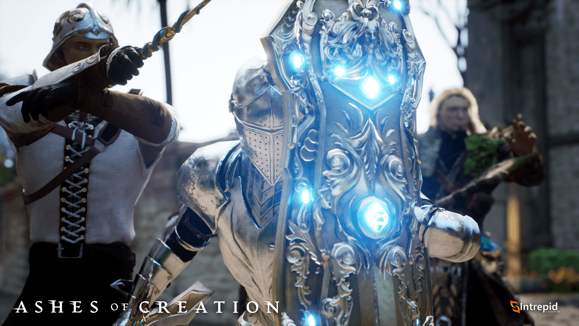 A group of three adventurers are braced for combat. Each with their weapons and shields drawn in front of them.