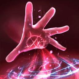 A red hand stretches out from the top left of the screen facing downwards towards the viewer with a hexed symbol glowing from the center of their palm