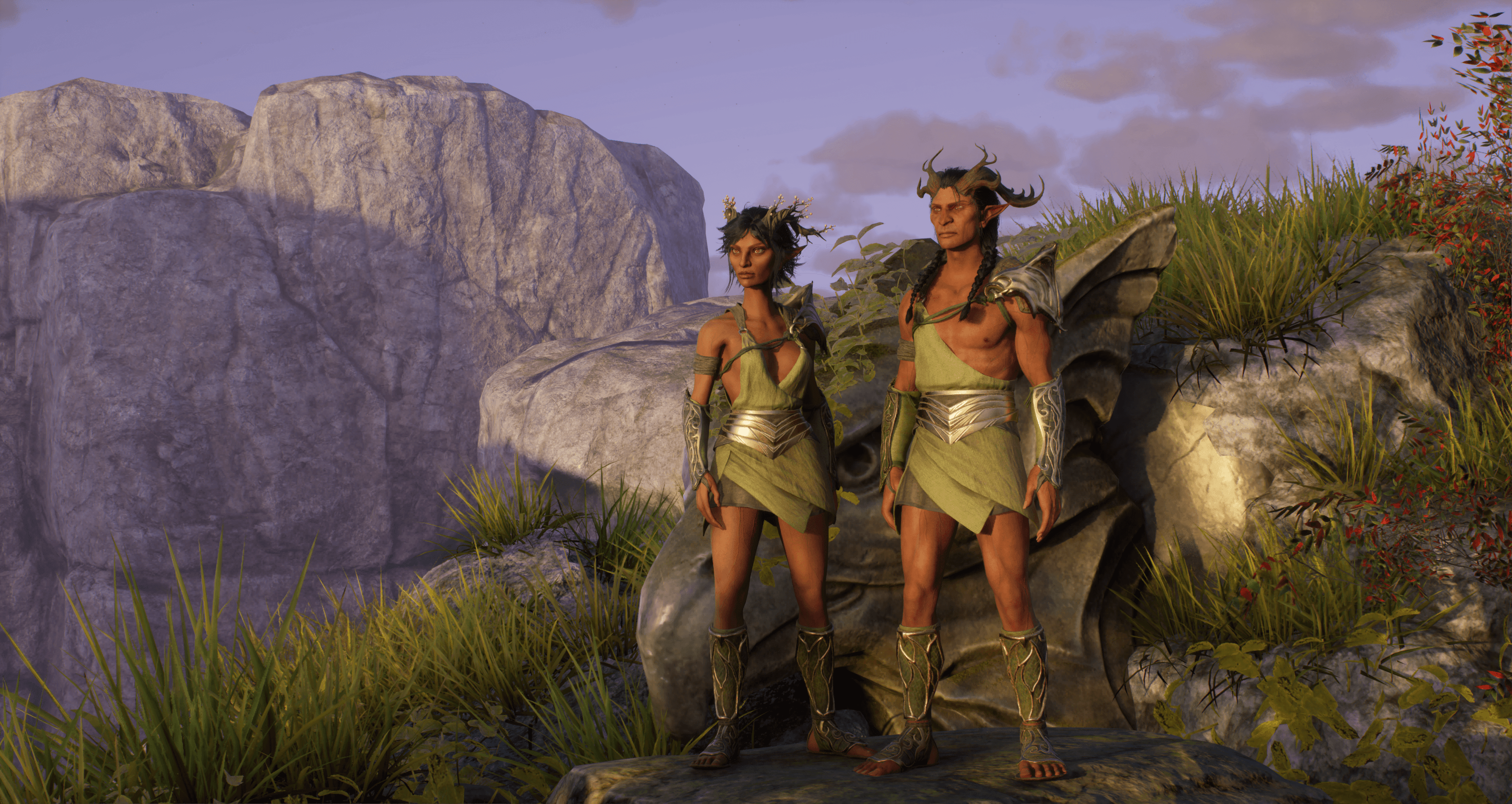 Two Py'Rai looking into the distance with lush rocks behind them.