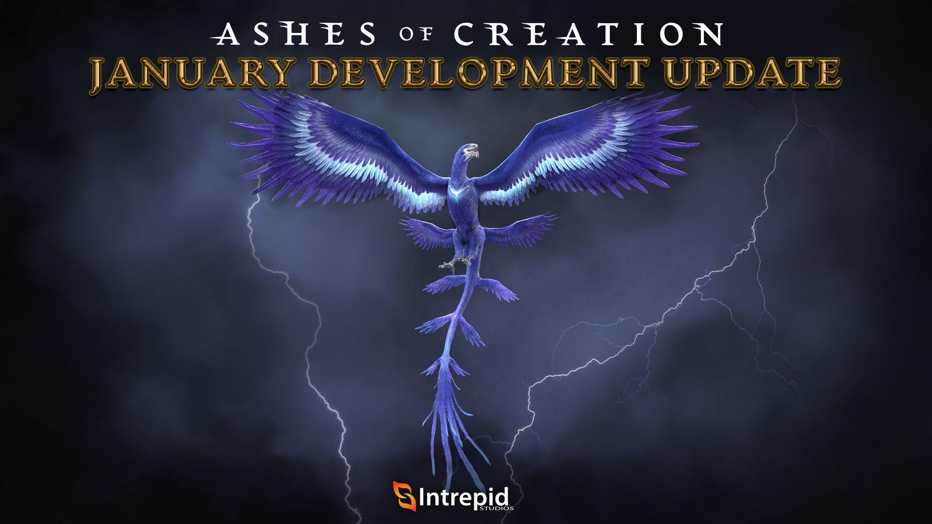 A giant bird like dragon creatures with dark and light blue feathers, soars into the night sky as bolts of lightning flash behind it.