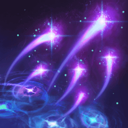 Purple and blue twinkling magical bolts arc upward from a pool of blue magic.