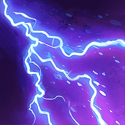 A blue and white bolt of lightning coming from the top left forks into 3 parts into the bottom right. The background is a magical blue purple