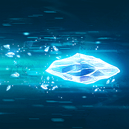 A single white crystalline ice shard flies to the right with small glimmering pieces trailing behind. Behind is a dark blue background with a bright glowing blue streak