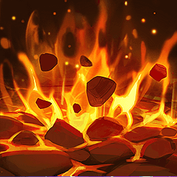Orange and yellow magma explodes up from a red rocky ground, causing rocks to lift into the air. The ground is covered in veins of bright yellow magma below the surface