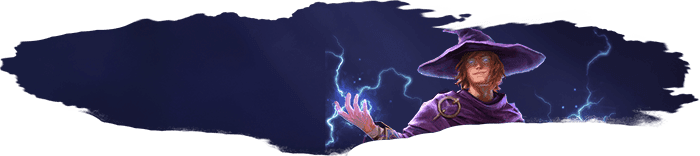 Red headed Mage with glowing blue eyes and purple robe and hat has palms facing the sky with lightning glowing in them