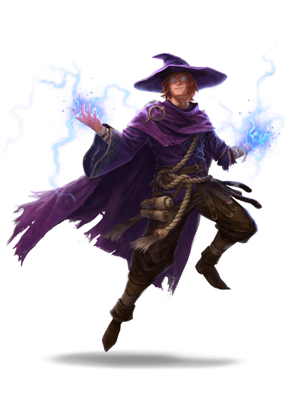 Mage in the airs wearing purple clothes with lightning glowing from their palms