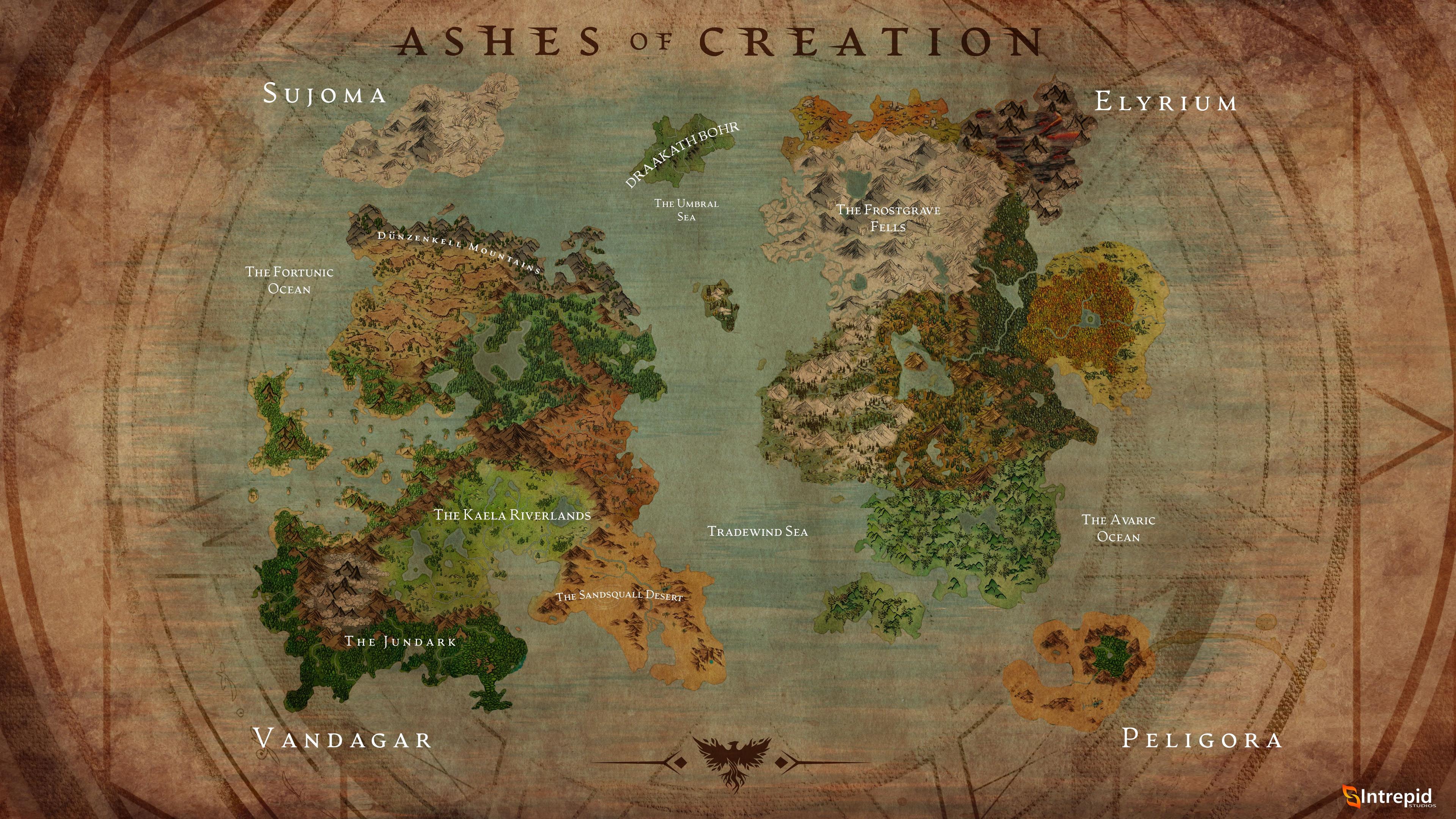 A poster map of the world of Verra. With the center of the map in color and the outsides of the poster a yellowed parchment.