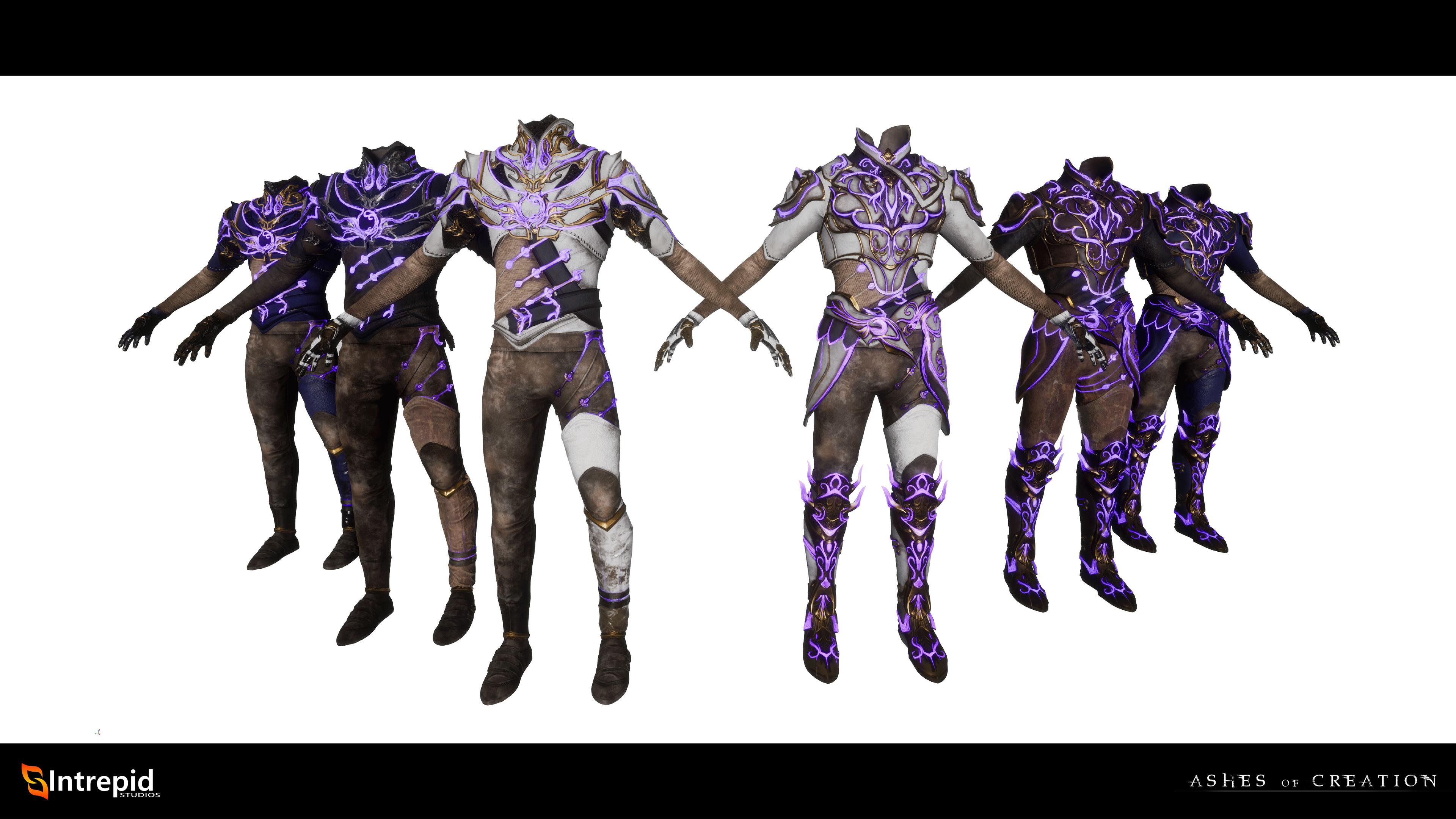 6 suits of armor on display of varying shades of purple.