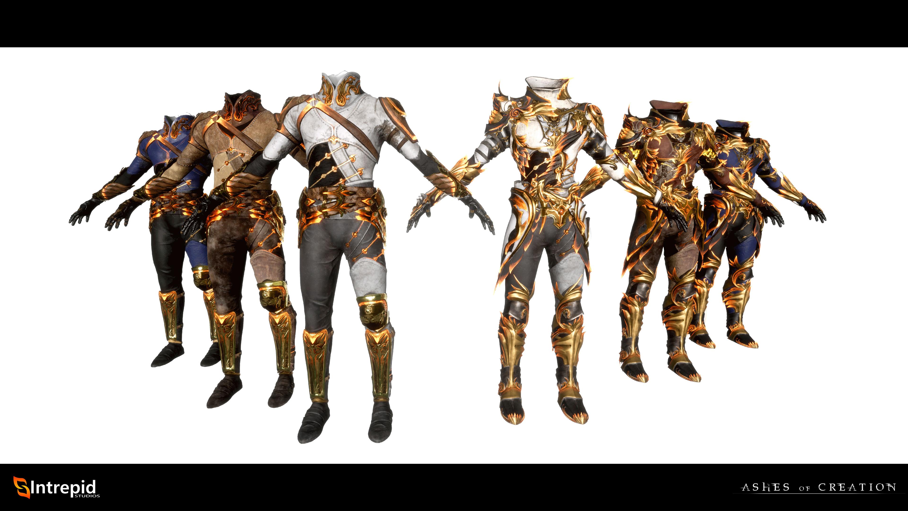 6 suits of armor on display of varying shades of yellow.