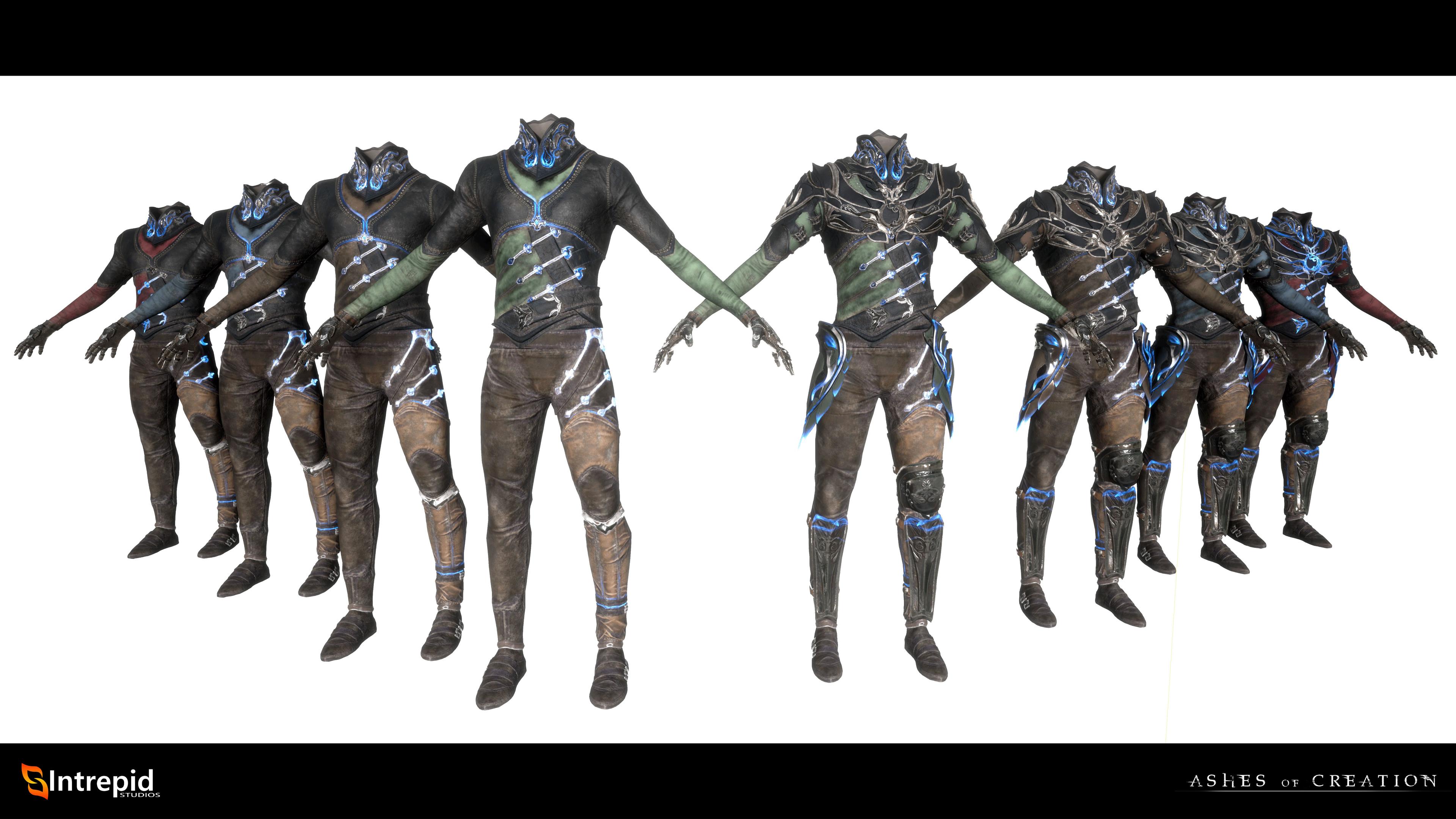 6 suits of armor on display of varying shades of gray.
