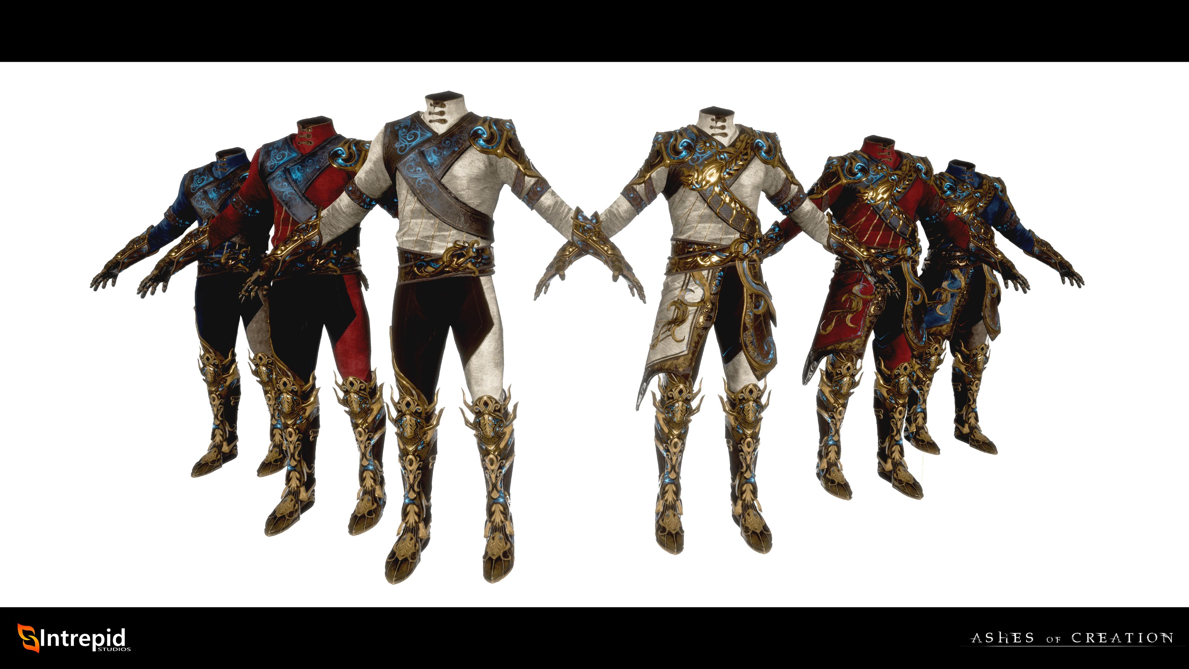 6 suits of armor on display of varying combinations of white and red.