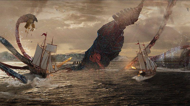 A kraken destroying several naval vessels.