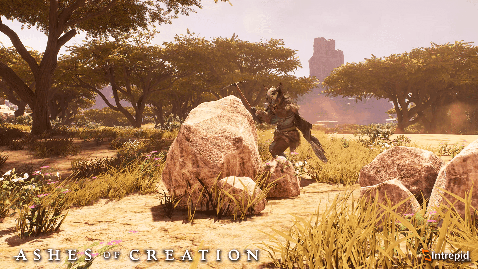 A player character mining.