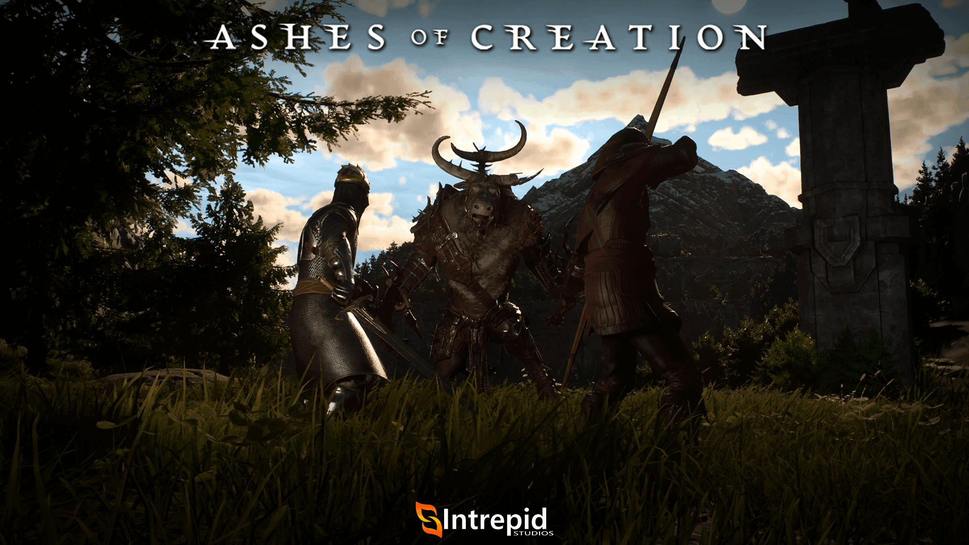 Two adventurers, one with a bow, and one with a sword, fight a minotaur.