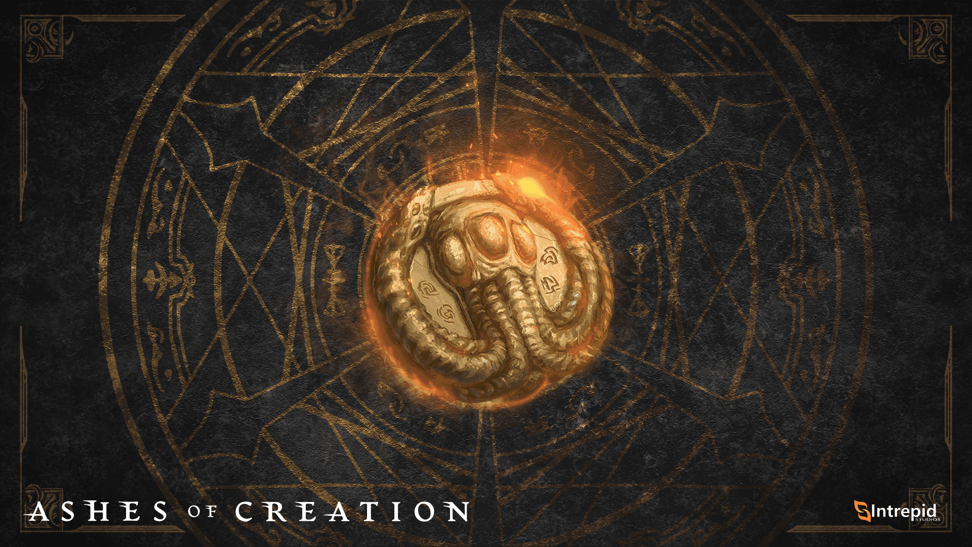 A golden orange monster coin glows in the center of a black and gold background.