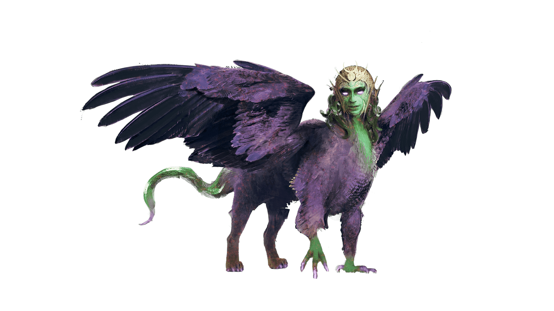 A black bird creature with a snake tail and medusa head stares with its glowing white eyes.