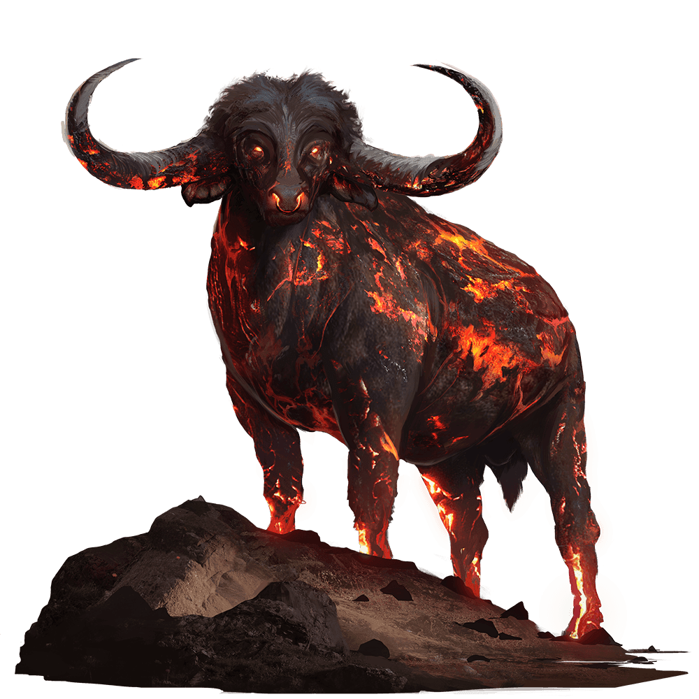 A bison like creature with black fur stands on a rock while red lava burns from under its fur.