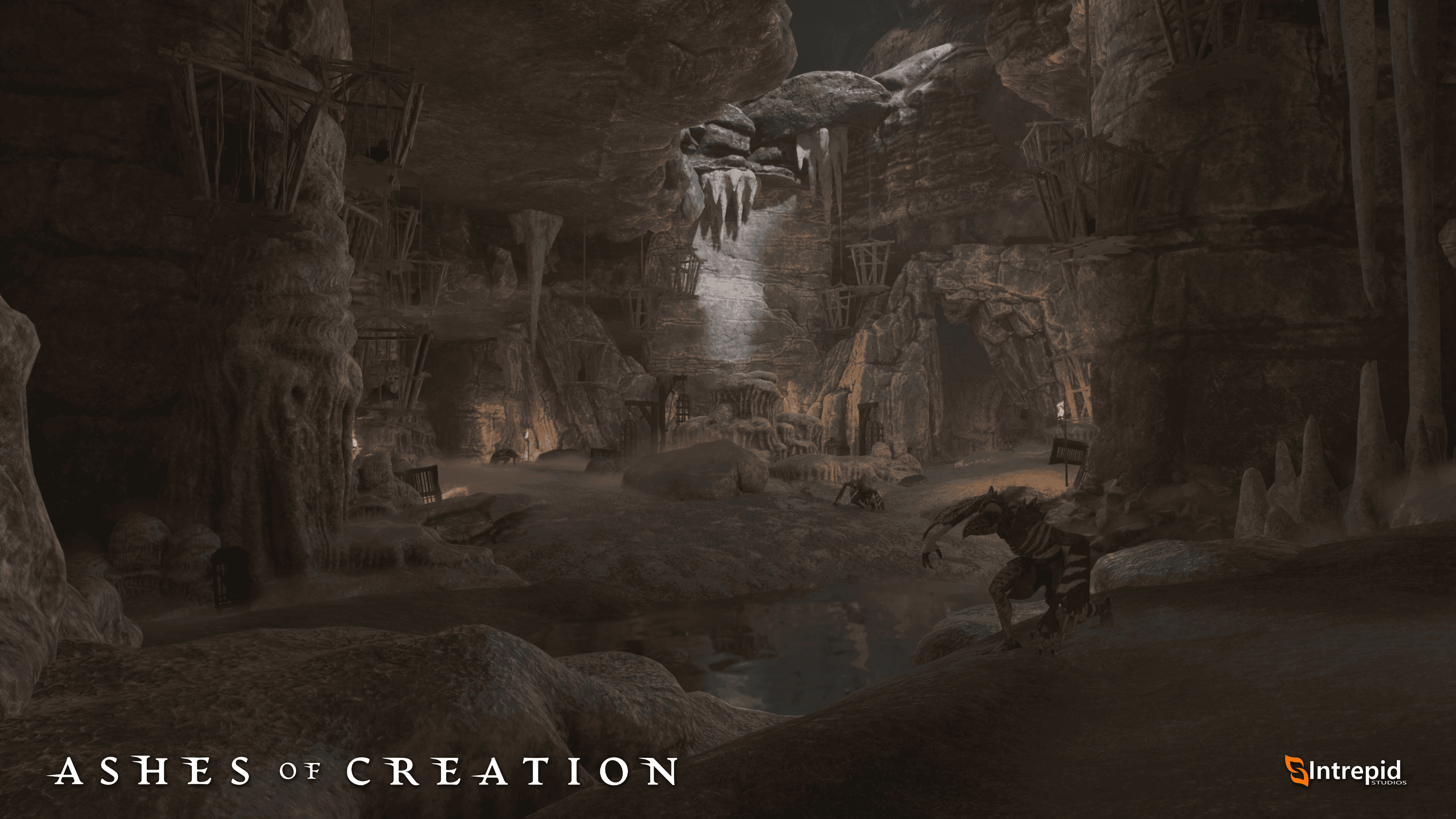 An image of the inside of a cave with some avian-like creatures within.