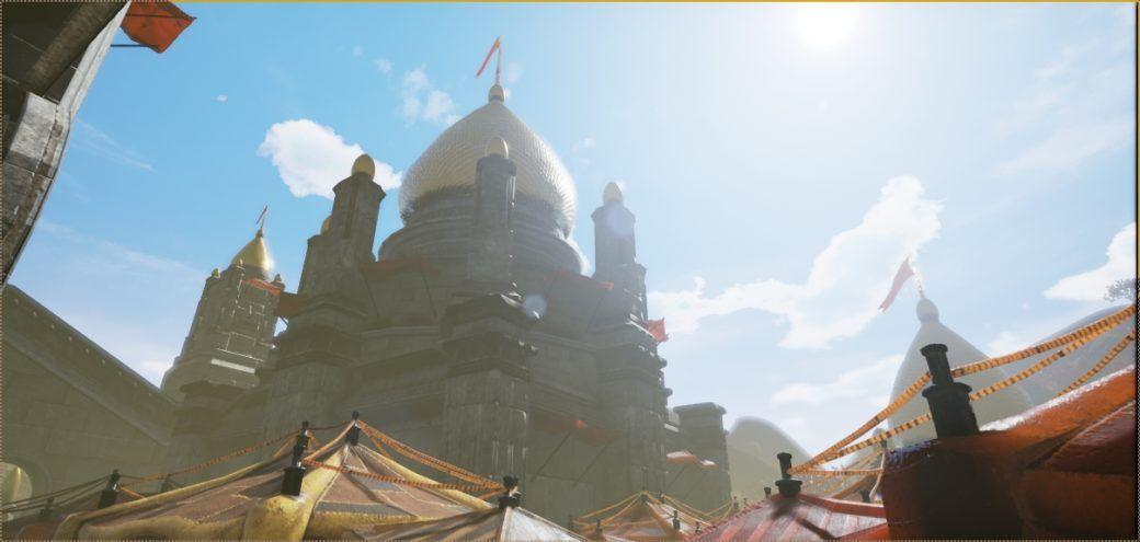 Aerial view from a market below of a castle with a giant dome.