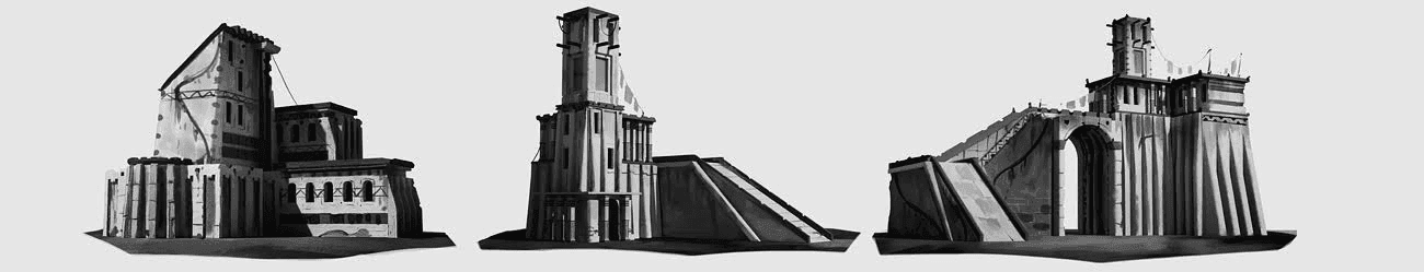 A black and white sketch of three building concepts.