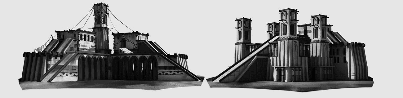 A black and white sketch of two building concepts.