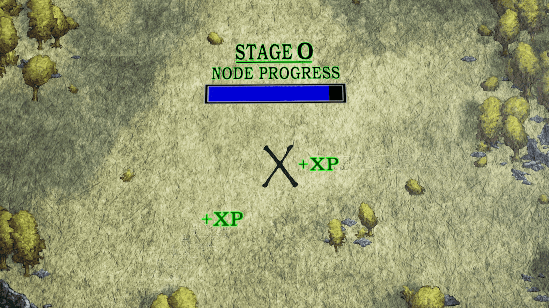 A grassy field showing an example of a progress car for a node stage level up.