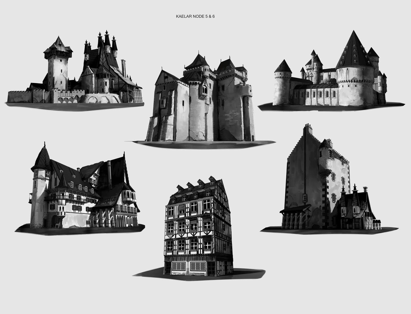 Black and white concept sketches of 6 different buildings.