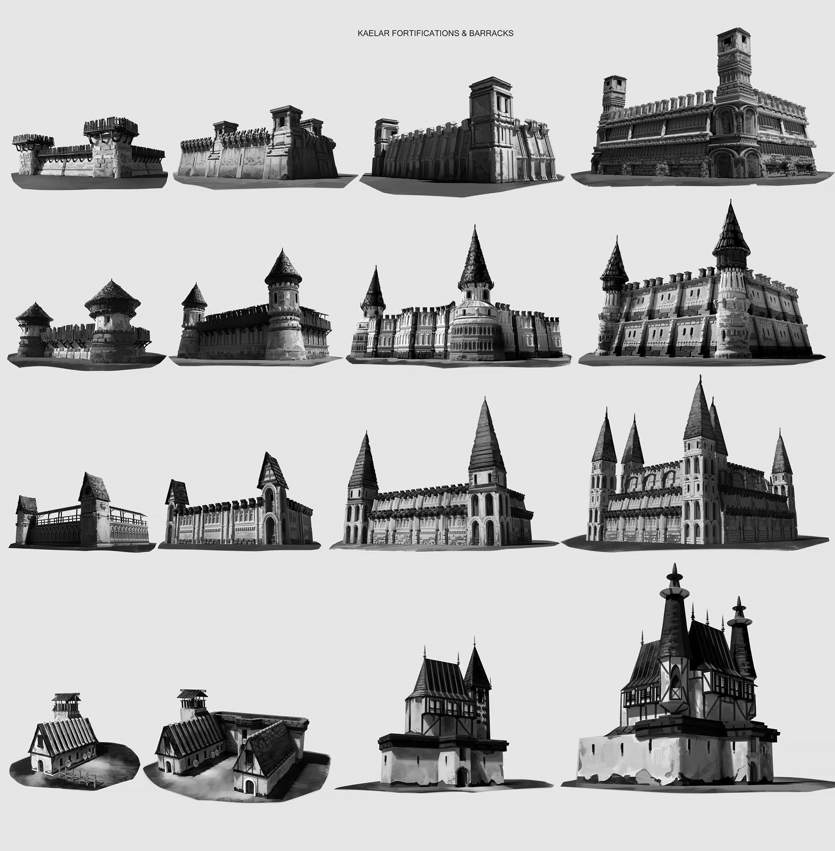 Black and white concept sketches of 16 different buildings.
