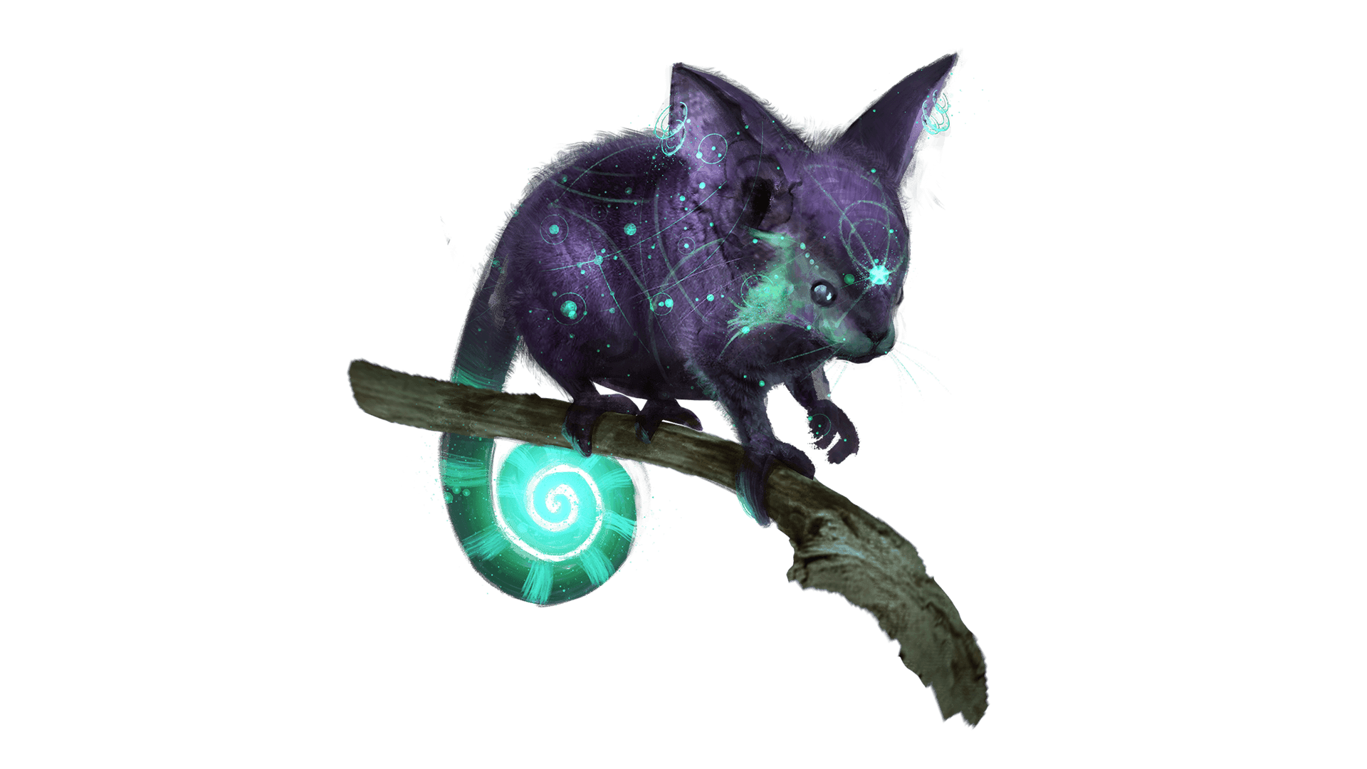 A squirrel chameleon creature sits perched on a tree branch.  The fur of this creature looks as though it is made of the galaxy with green glowing stardust.
