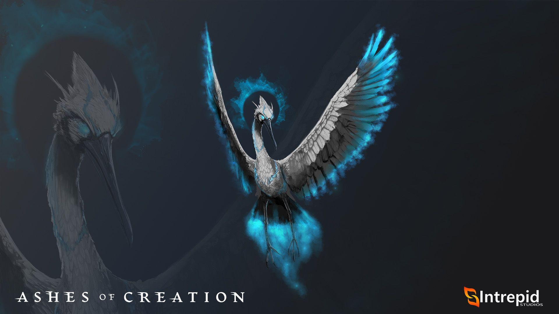 A beautiful crane like bird in flight with its wings fully extended. The ends of the feathers give off a blue hue and the eyes of the bird also glow blue.